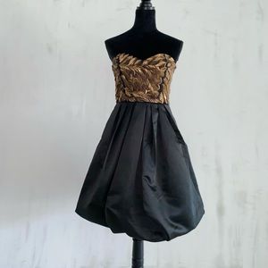 Parker Black  and gold aplique Strapless Sequin Mini Dress. Size 4